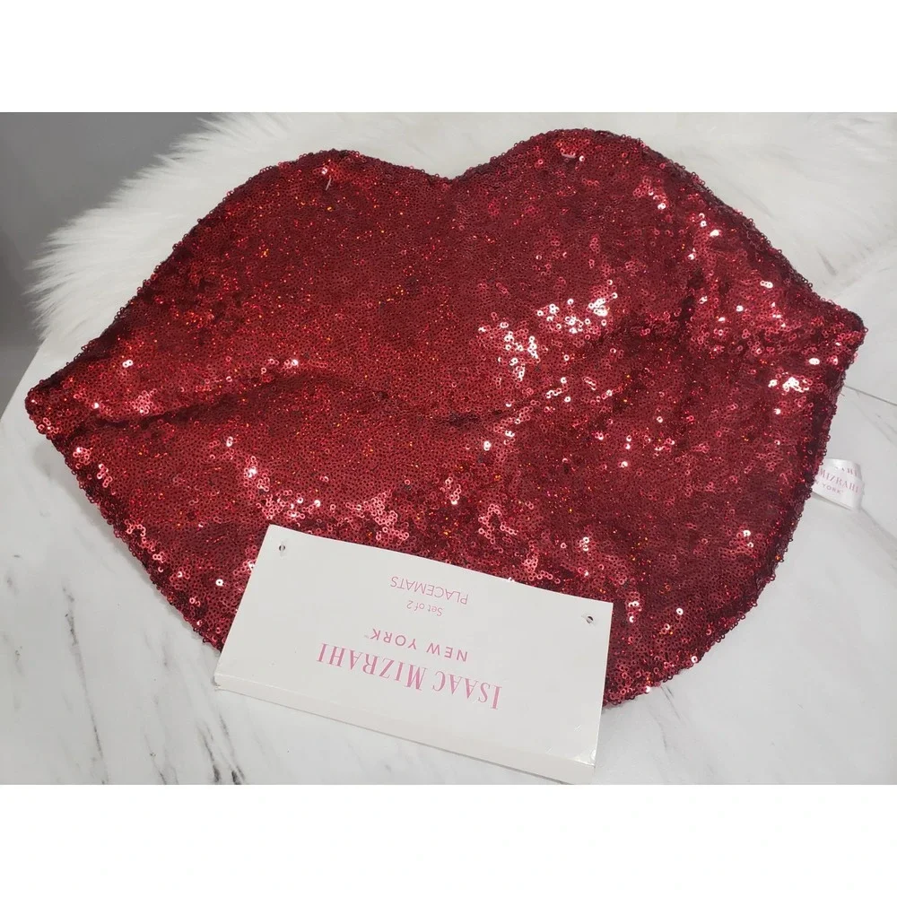 NEW Isaac Mizrahi PLACEMATS Valentine's‎ Red Sequin LIPS 18x13 Boudoir Decor